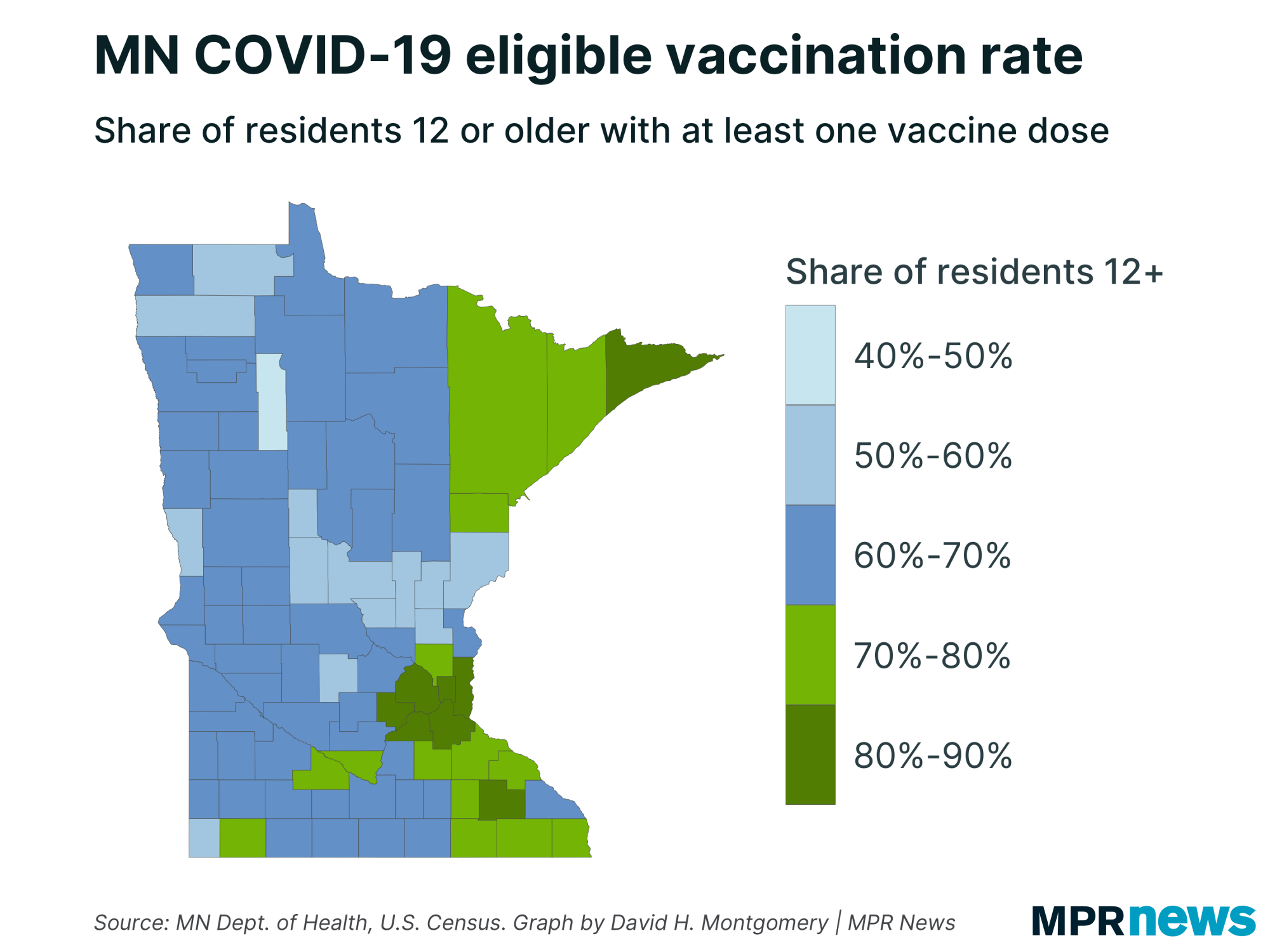 Map of Minnesota COVID-19 eligible vaccination rate