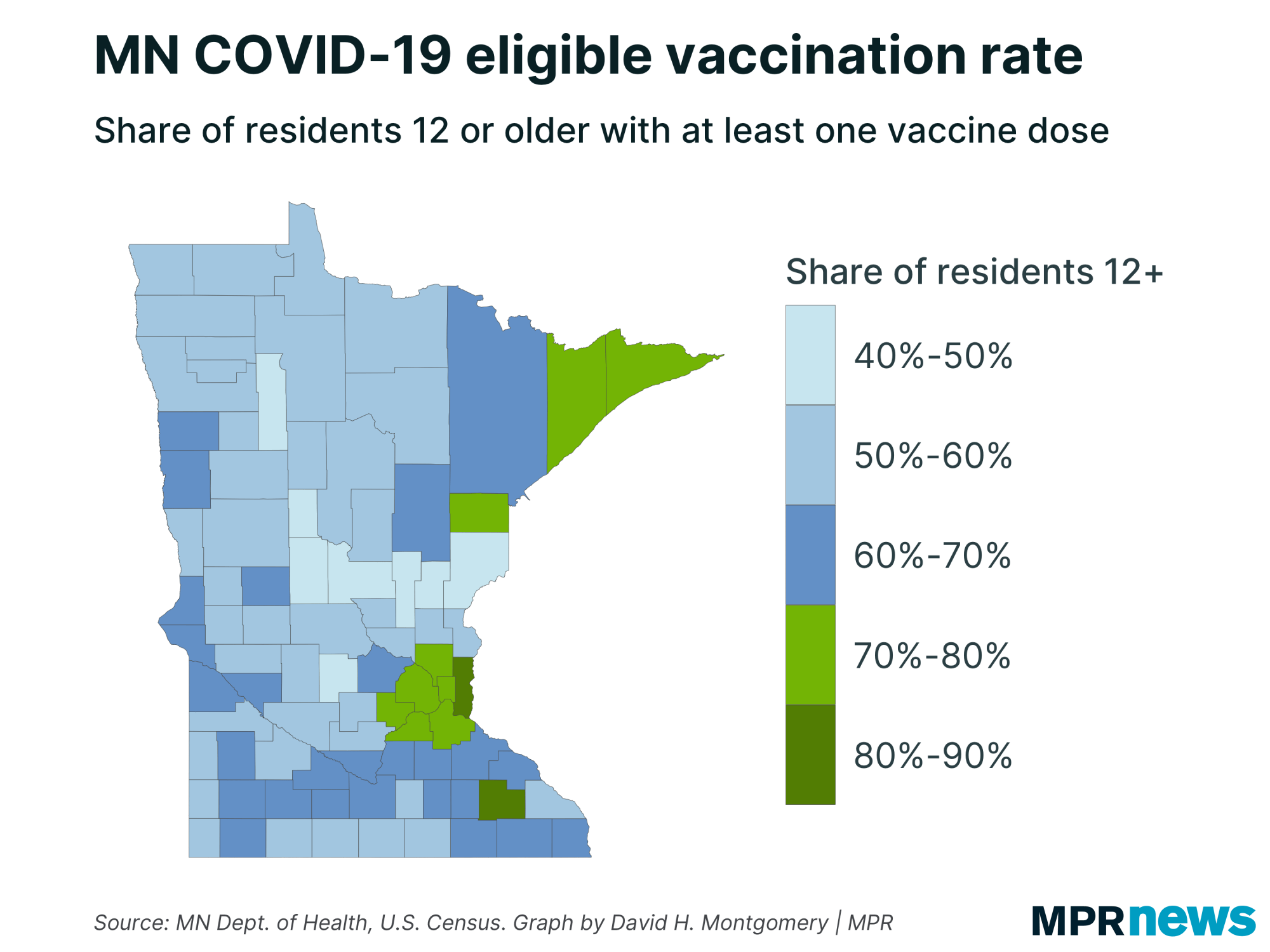 Map of Minnesota COVID-19 eligible vaccination rate
