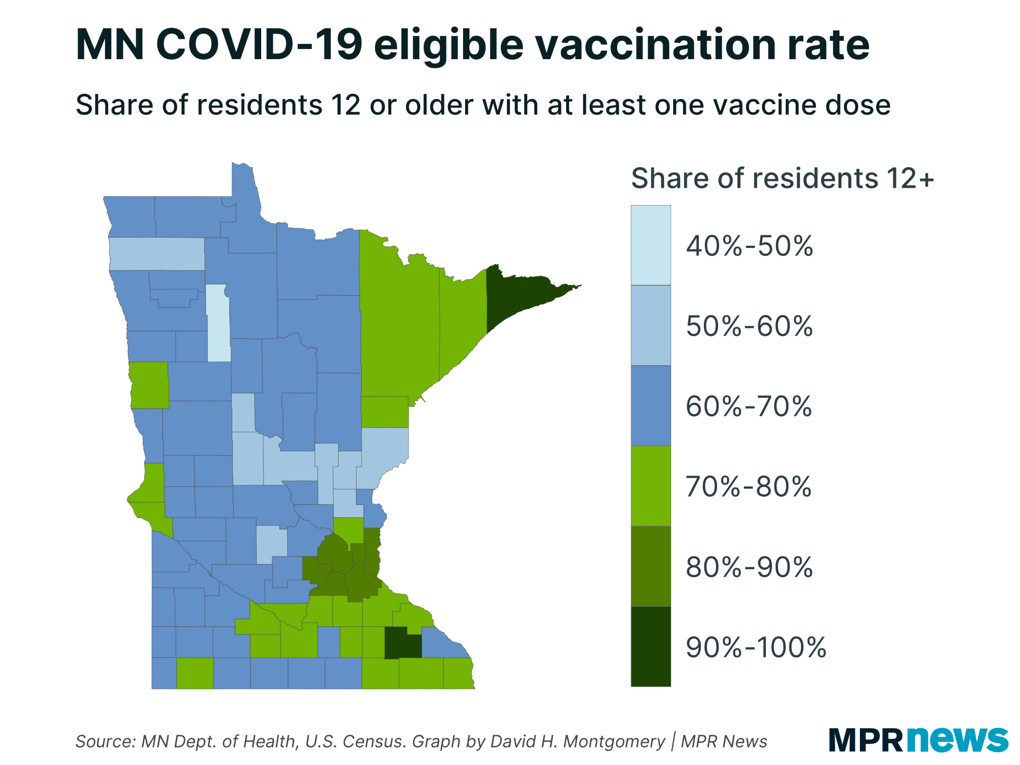 Map of Minnesota COVID-19 eligible vaccination rate