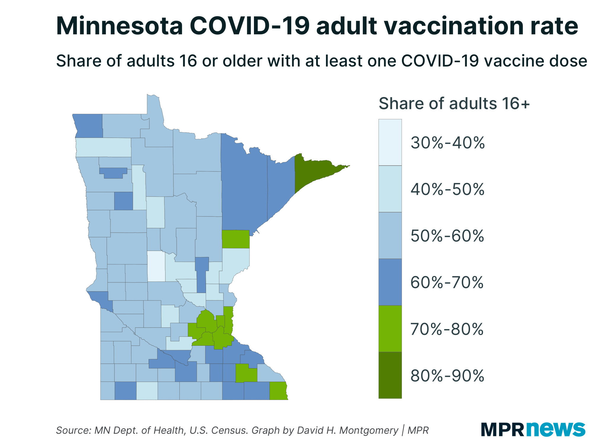 Map of Minnesota COVID-19 adult vaccination rate