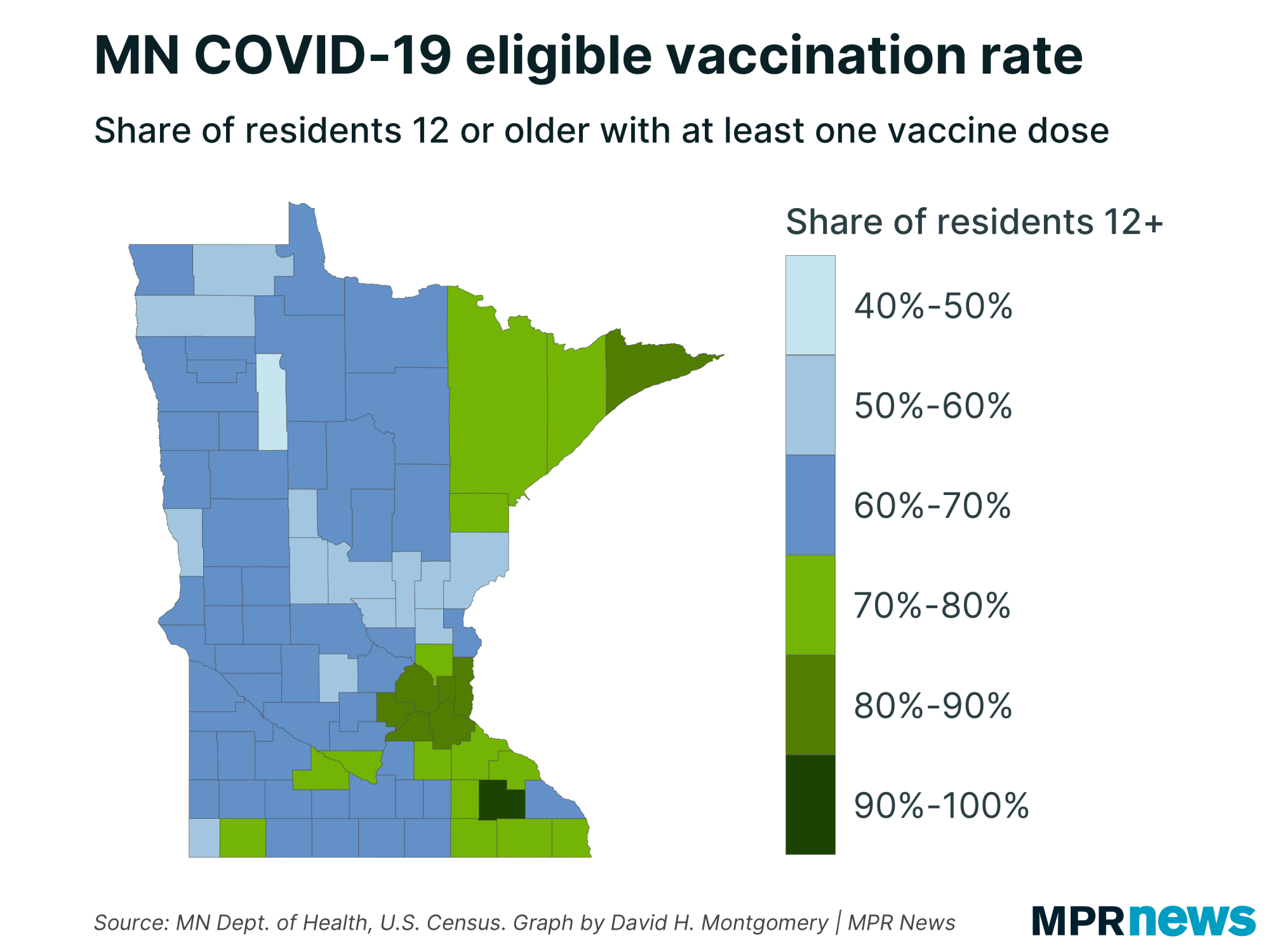 Map of Minnesota COVID-19 eligible vaccination rate