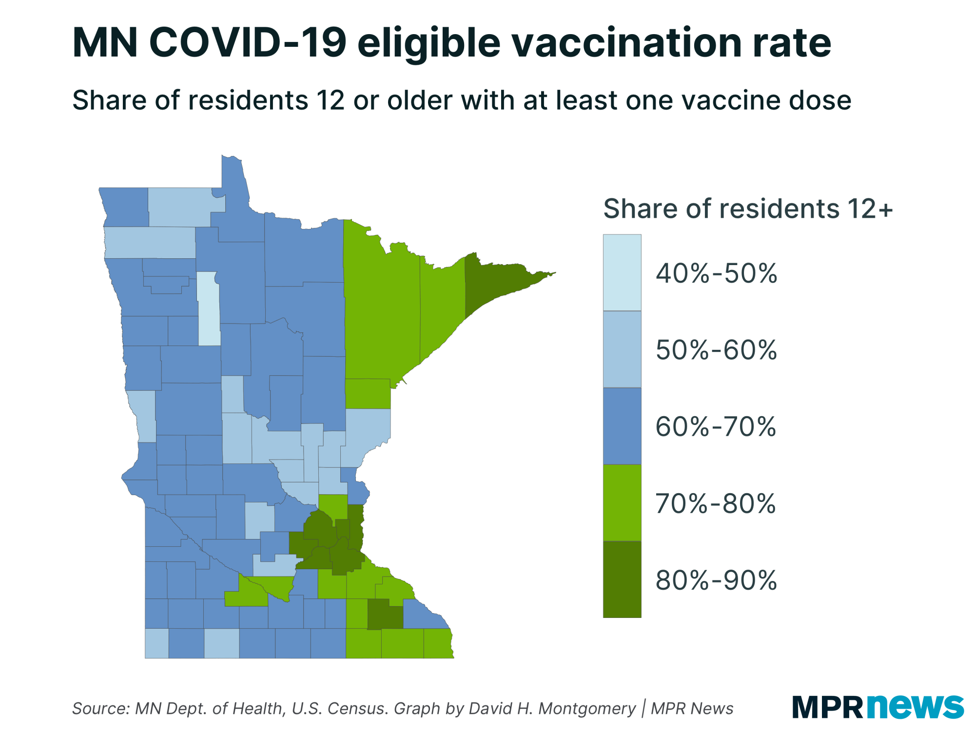 Map of Minnesota COVID-19 eligible vaccination rate