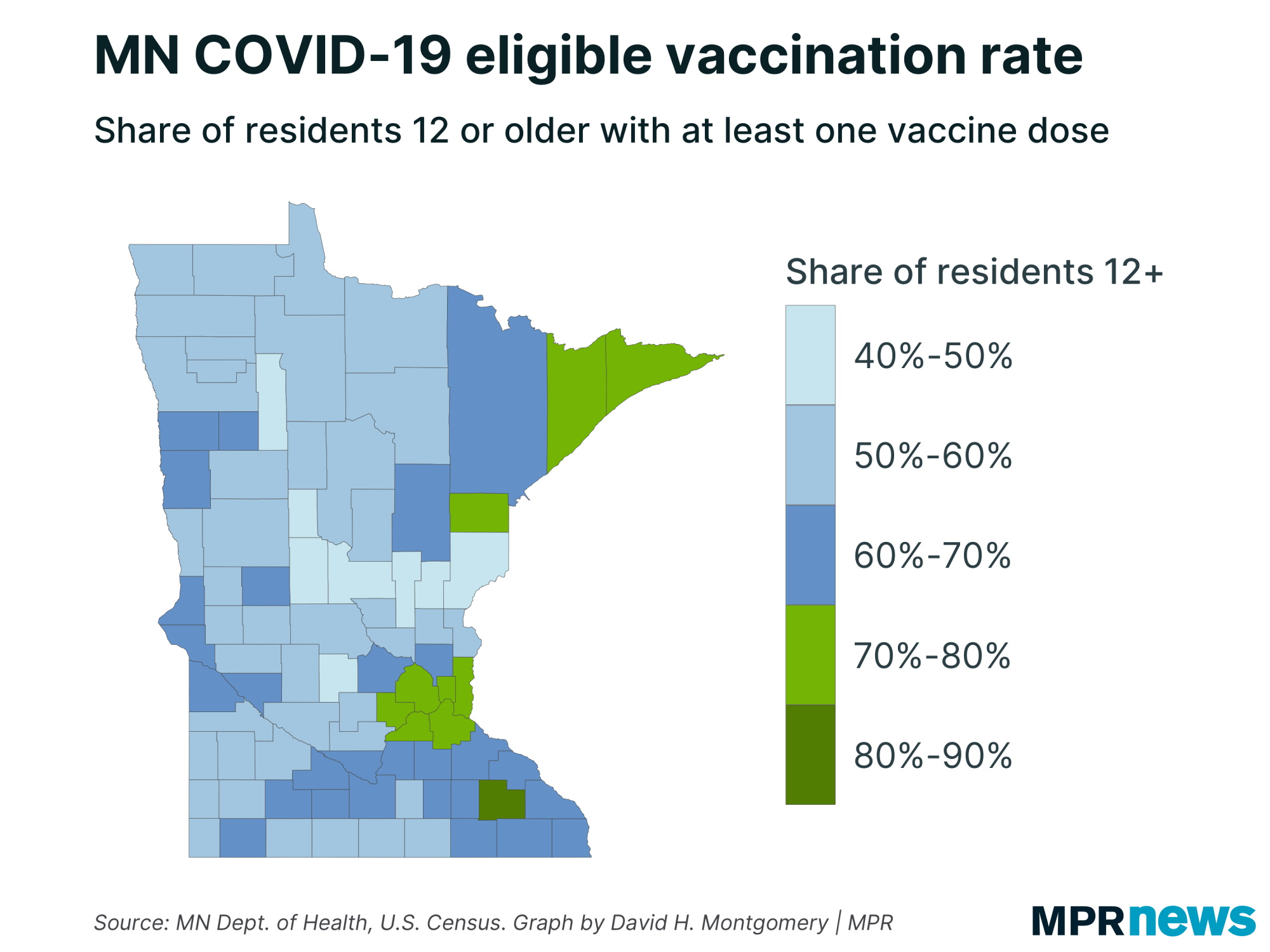 Map of Minnesota COVID-19 eligible vaccination rate