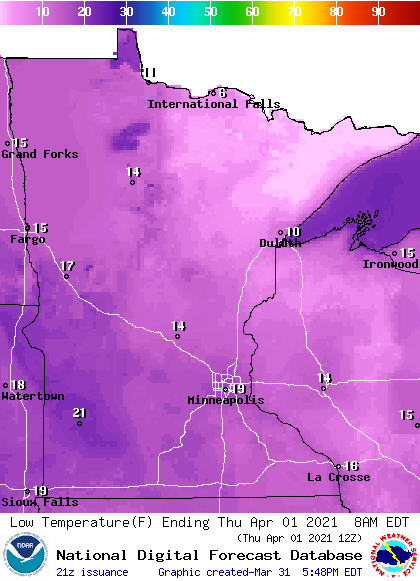Forecast minimum temps Thursday