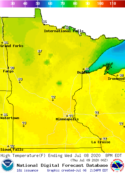 Forecast high temperatures Wednesday