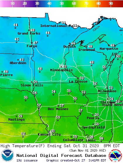 Forecast high temperatures on Halloween