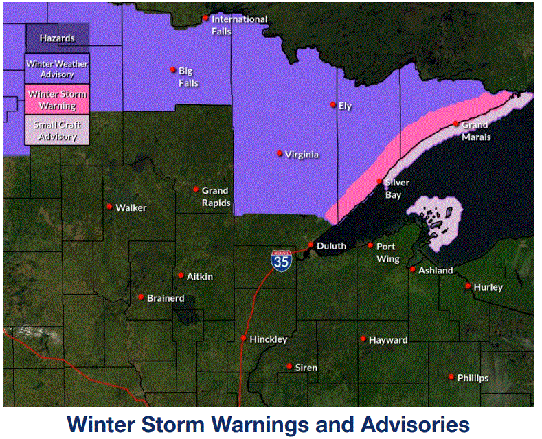 Winter weather warnings and advisories for Tuesday