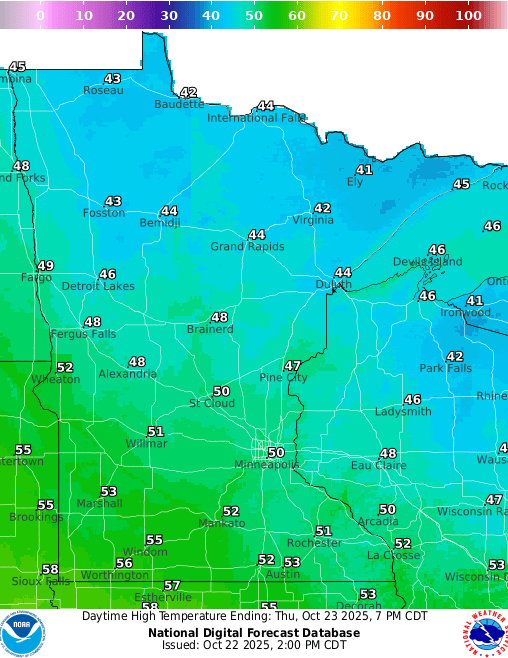 Forecast high temperatures Thursday