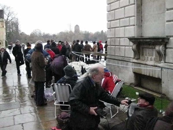 Michael Barone interviews people in queue