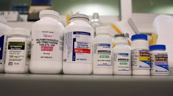 Bottles of antibiotics line a shelf.