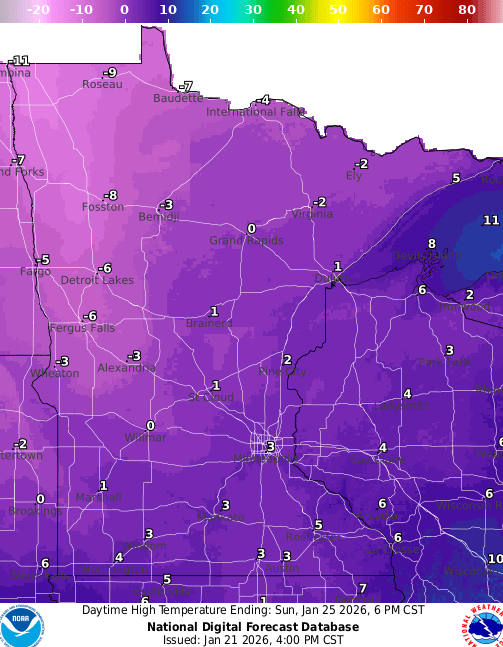 Forecast high temperatures Sunday 