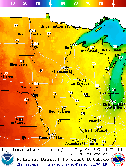 Forecast high temperatures Friday