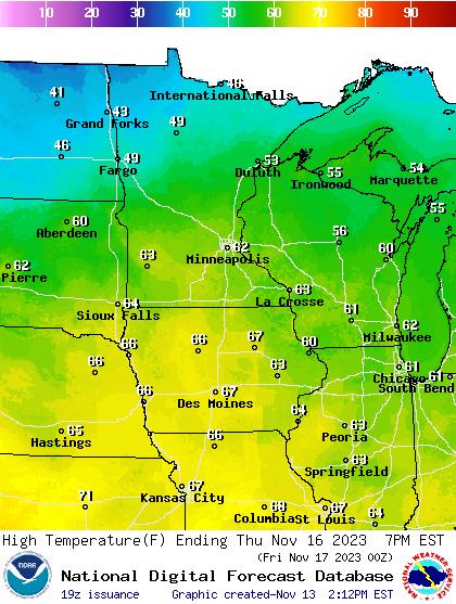 Forecast high temperatures Thursday