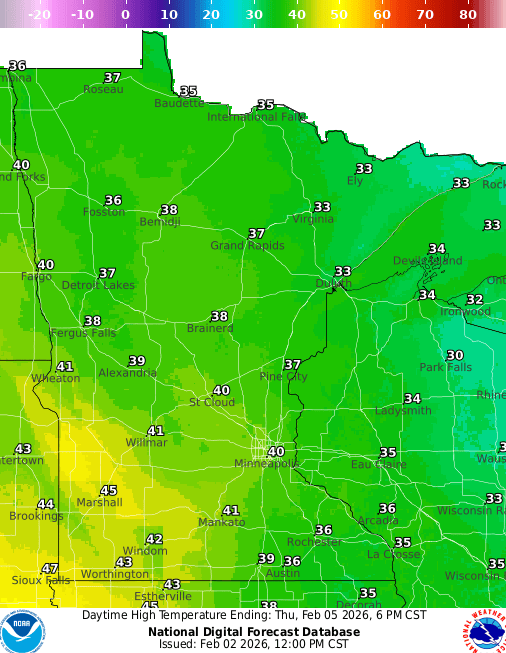 Forecast high temperatures Thursday