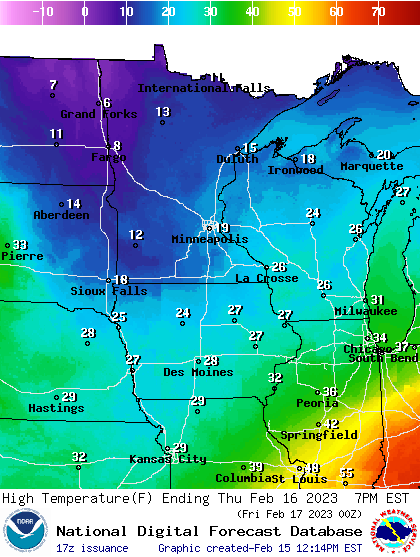 Forecast high temperatures Thursday