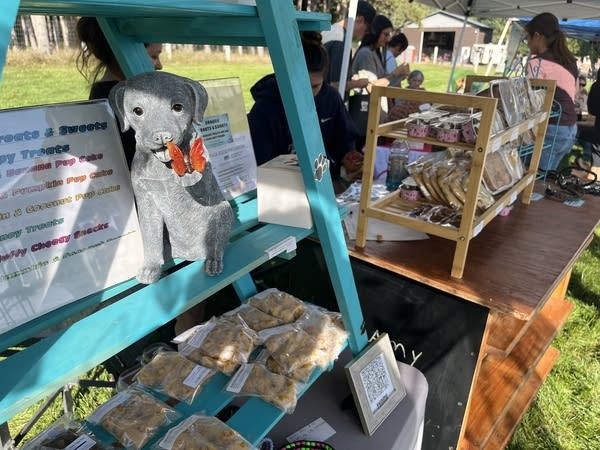 A display shows dog treats.