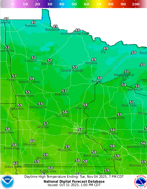 Forecast high temperatures Tuesday