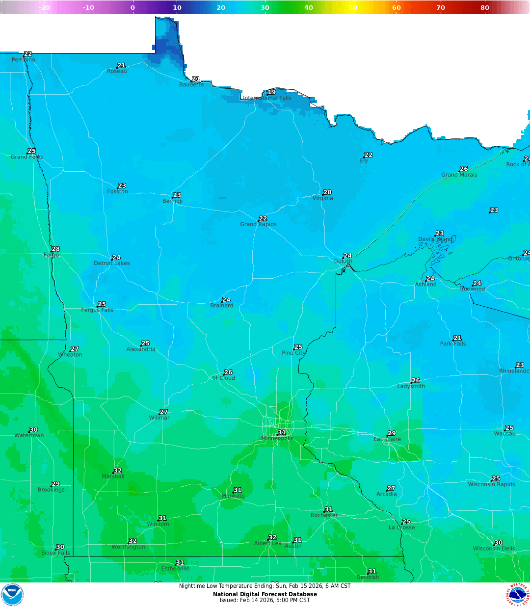 Lows for Saturday night