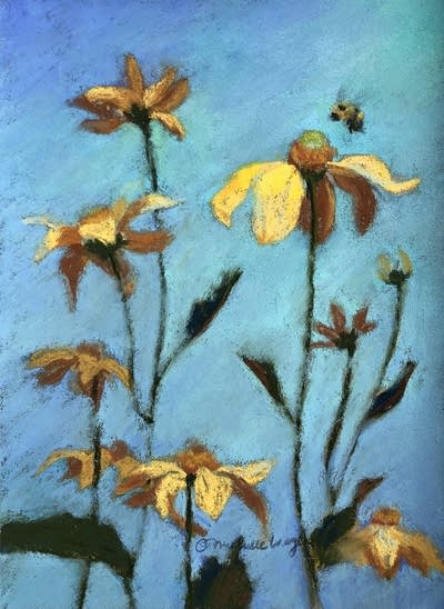 A painting with yellow flowers and a bee.
