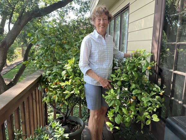 woman standing next to tree on deck