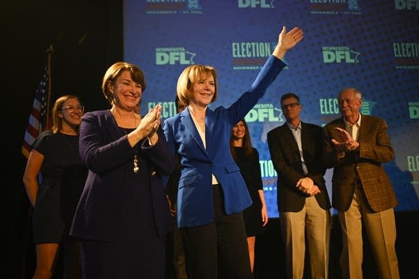 Sen. Amy Klobuchar and Tina Smith acknowledge their supporters.