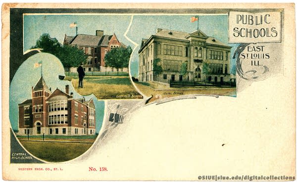 A historic postcard depicting schools in East St. Louis.