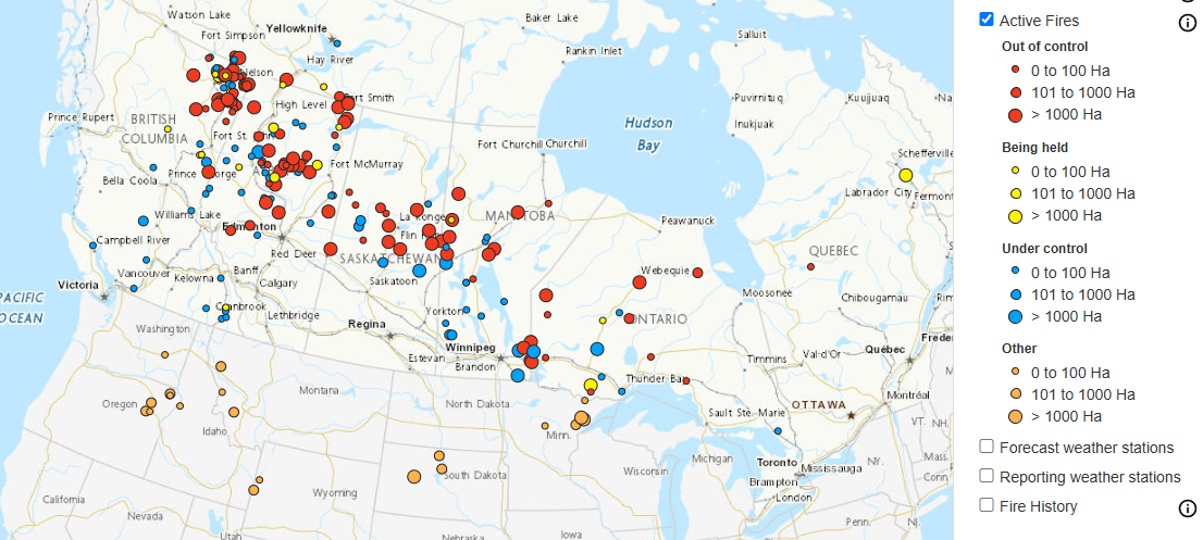 Active wildfires in Canada