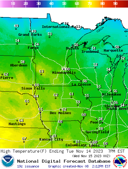 Forecast high temperatures Tuesday