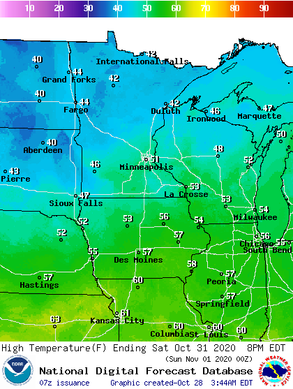Forecast high temperatures Saturday