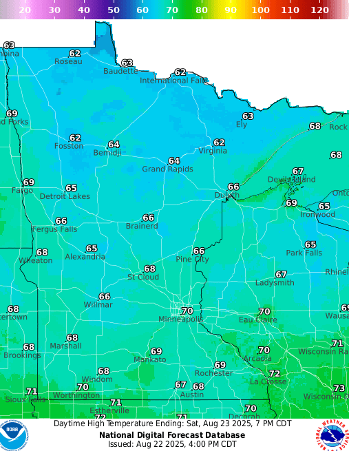 Forecast high temperatures Saturday
