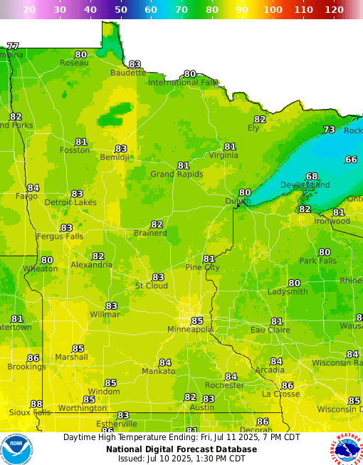 Forecast high temperatures Friday