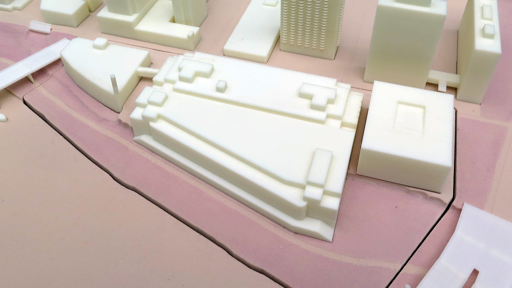 A model of U.S. Postal Service buildings on the Minneapolis riverfront.