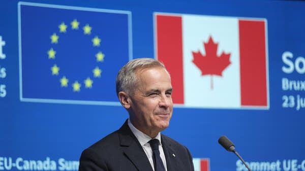 Above, Canadian Prime Minister Mark Carney talks to the media at the end of an EU-Canada Summit in Brussels on June 23.