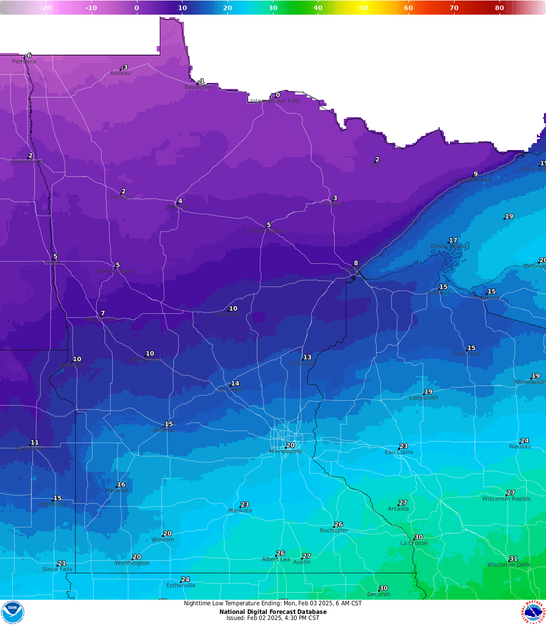 Lows for Sunday night