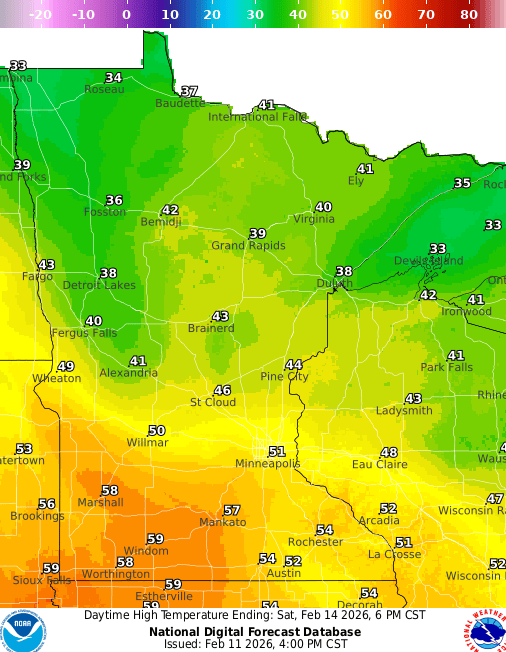 Forecast high temperatures Saturday