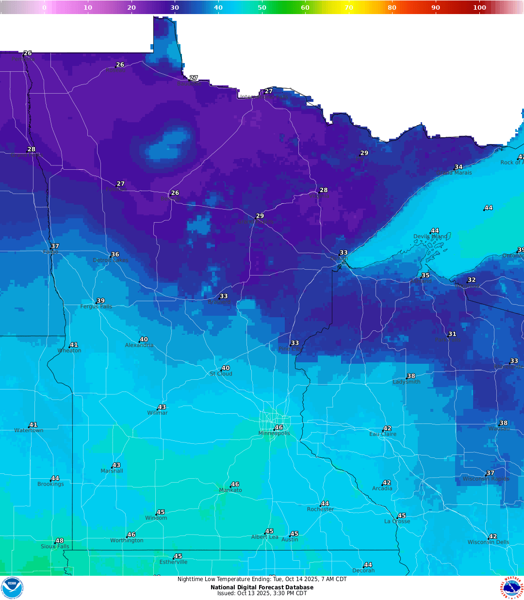 Lows for Monday night
