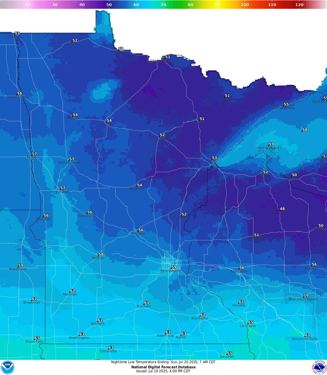 Lows for Sunday night