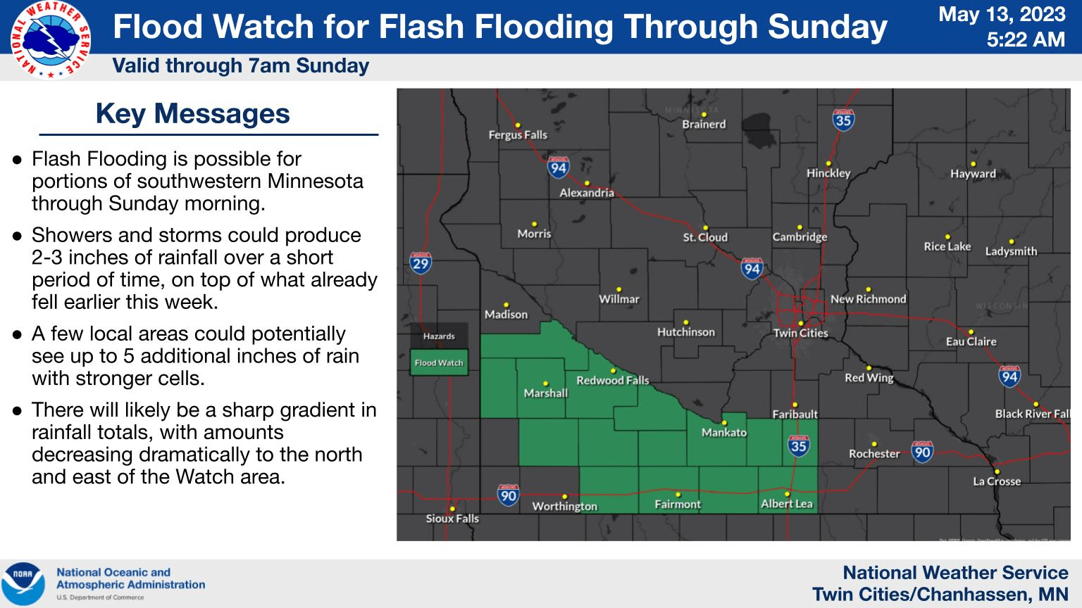 Rain at times Saturday, t-storms in some areas; Flood watch much of southern Minn.