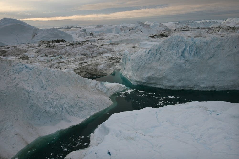 An aerial view of icebergs floating in Greenland
