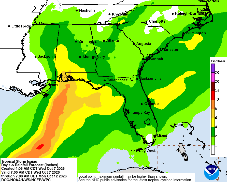 Rainfall potential from Tropical Storm Isais through Monday 7 a.m.