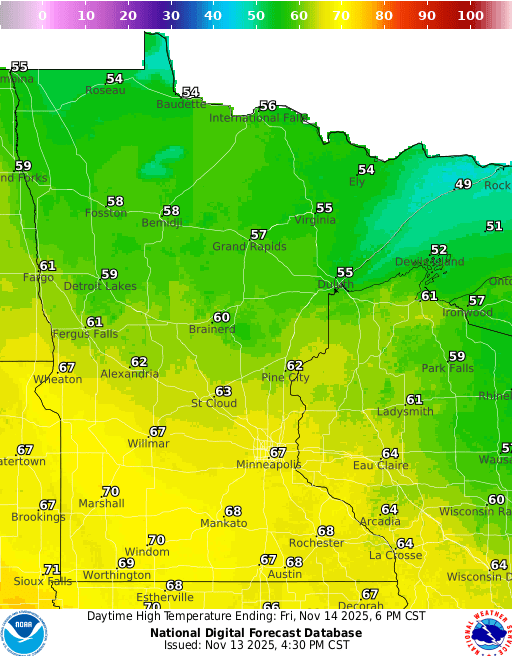 Forecast high temperatures Friday