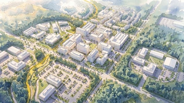 Above, a rendering of the Research Triangle Park, which recently adopted zoning changes allowing the construction of dwellings and mixed-use developments.