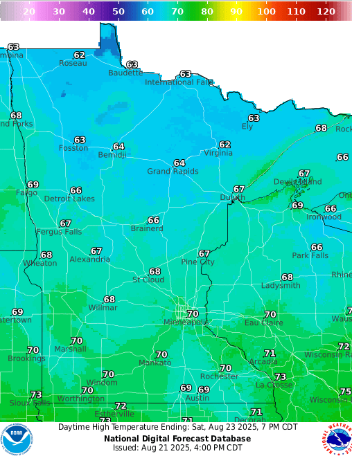 Forecast high temperatures Saturday