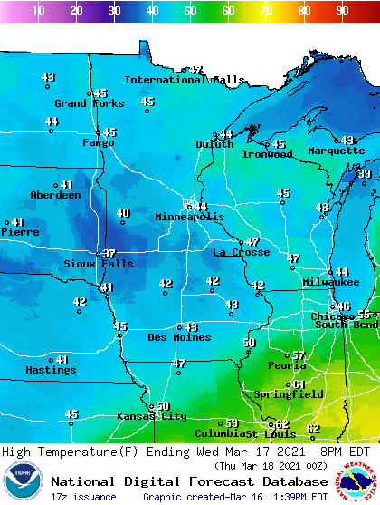 Forecast high temperatures Wednesday