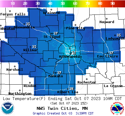 Forecast low temperatures Saturday morning