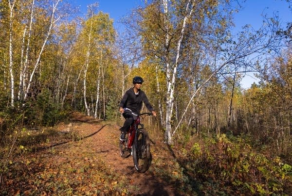 A woman rides a bike through the woods.
