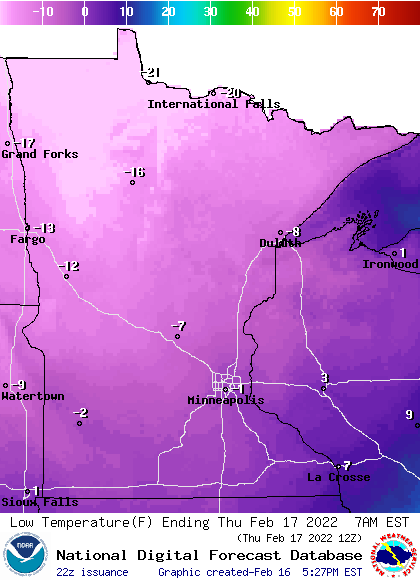 Forecast low temperatures Thursday morning
