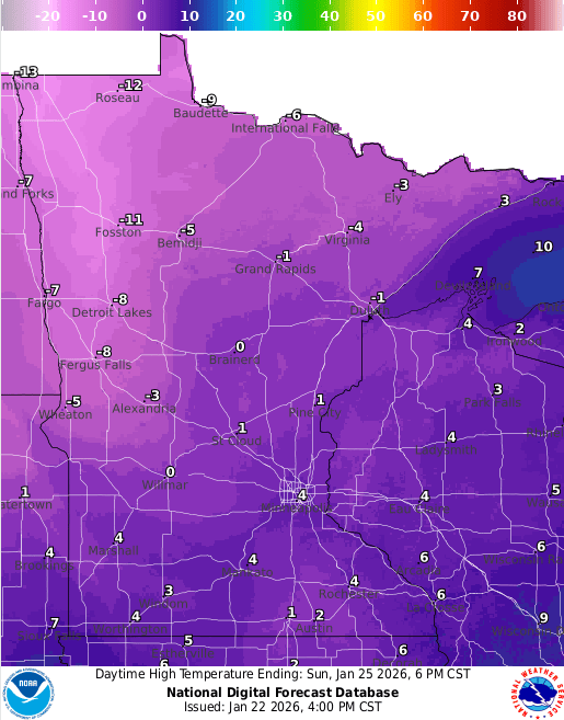 Forecast high temperatures Sunday