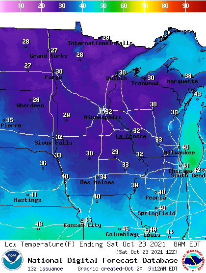 Forecast minimum temps Sunday