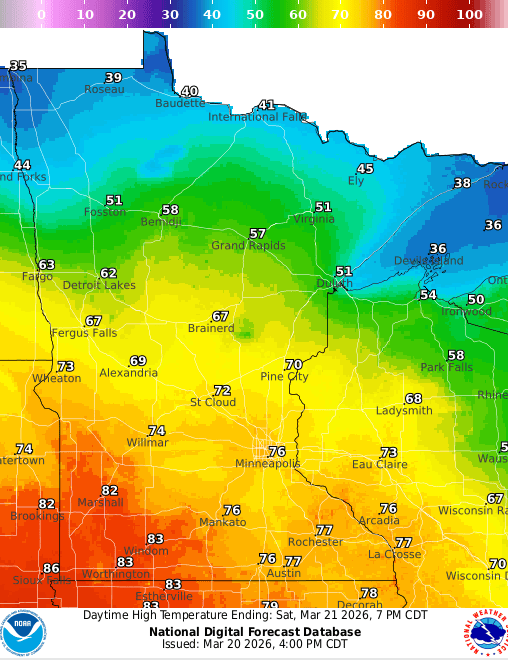 Forecast high temperatures Saturday